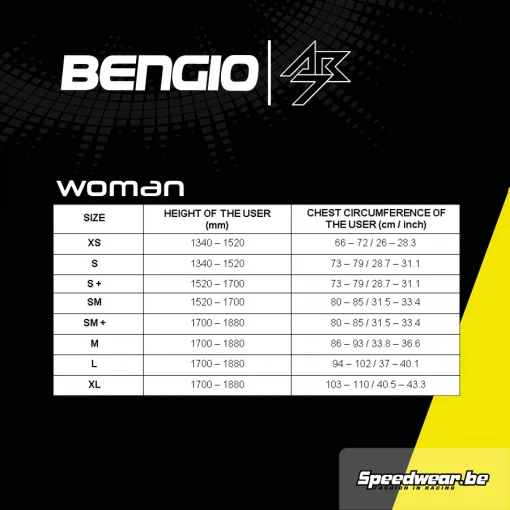 Bengio AB7 ribprotector VROUW FIA 8870-2018 keuring Maattabel